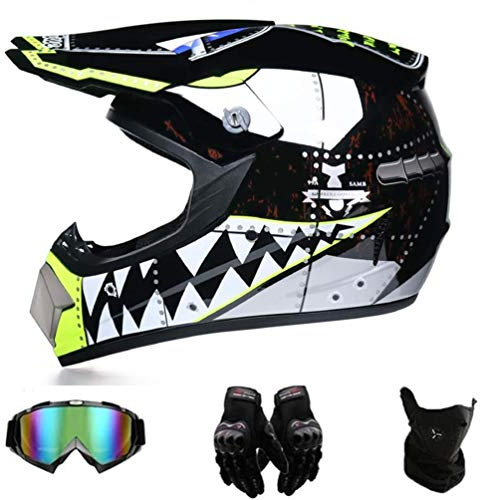 SK-PBB Casco Motocross,Casco Descenso Hombre, Negro/Tiburón - Adulto Casco Motocross Enduro MTB con Gafas/Máscara/Guantes, Casco Trail, ATV Scooter,L