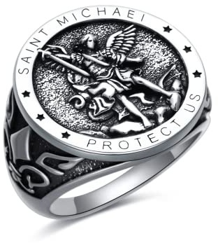 Shusukue Anillo de San Miguel de plata de ley 925, arcángel San Miguel, amuleto del santo patrón, medallas, monedas de oración, anillo religioso cristiano para hombres, padre, marido, novio, 10, Plata