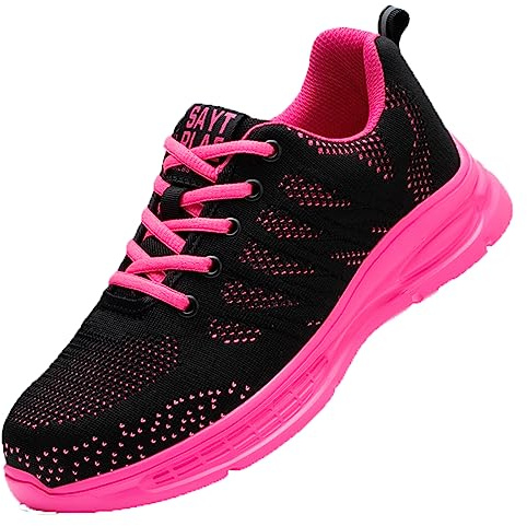 AUXDIQ Antinfortunistiche Donna Leggere Comode Scarpe da Lavoro Punta in Acciaio Protettive Antiscivolo Traspirante Rosa Size 38