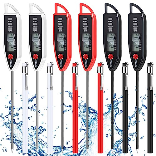 Copkim 6 Set Waterproof Food Thermometer for Water, Liquid, Candle and Cooking Digital Meat Thermometer with Long Probe Instant Read for Kitchen BBQ Grill Candy (Black,White,Red)