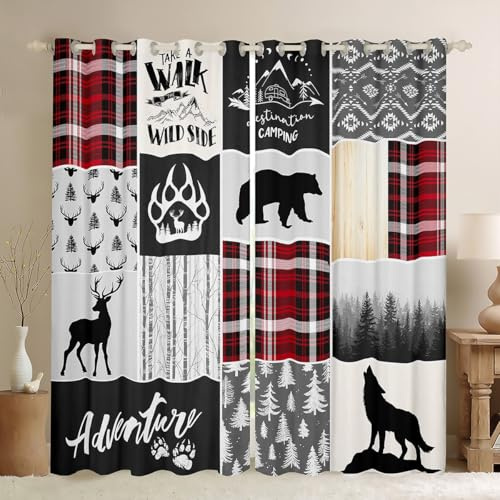 Manfei Deer Antlers Blackout Curtains,Bear Paws Pine Trees Xmas Window Drapes for Kids Boys Girls Adults,Lattices Patchwork Rustic Farmhouse Red Window Treatments Grommet Top 2 Panel Set,42Wx63L inch