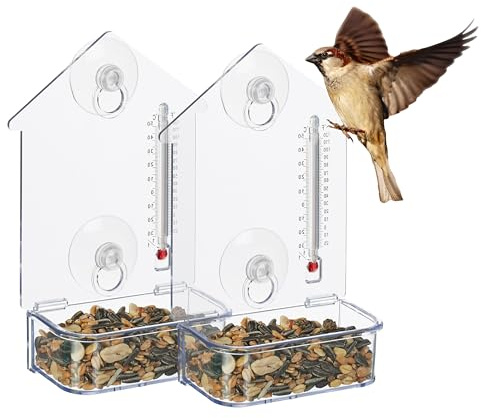 Relaxdays fönsterfågelmatare 2-pack, 2 sugkoppar, transparent | matstation med termometer, HBT 17 x 11,5 x 5 cm