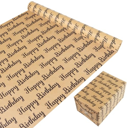 ZALAON Birthday Wrapping Paper Roll, 43cm x 10M Black Happy Birthday Presents Wrapping Kraft Paper Perfect for Boys Girls Gift Wrapping