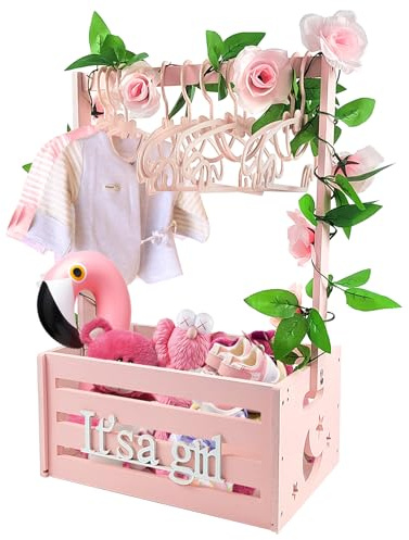 Sibosen Wooden Baby Shower Crate Closet,Baby Storage Crate Hamper with Handle, Garland and 10 Clothes Hangers, Baby Shower Gifts Basket with Letters for Girl Boy Pregnancy Gift (pink)