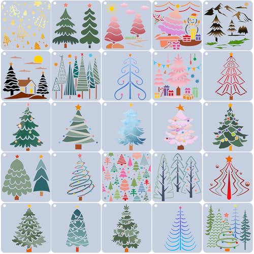 GORGECRAFT 25 st plastmall för julgran jul återanvändbar stjärna sol snögubbe snöflinga målning ritning schabloner konst hantverk för målning på golv trä vägg glas fönsterdekoration 10 x 10 cm