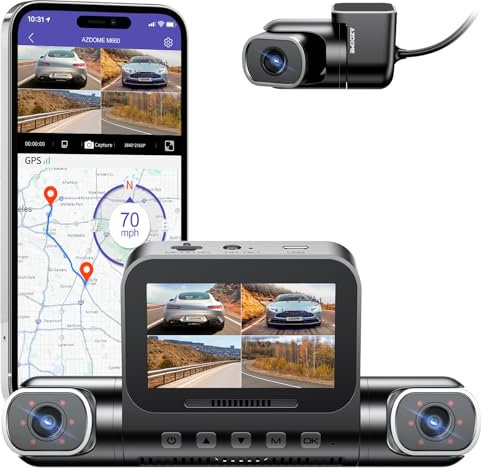 AZDOME 4 Kanal 4K dashcam Auto 360 Grad mit 128GB eMMC, 2.5K+3 * 1080P Dashcam, 5G WiFi, Sprachsteuerung Dashcam Auto Vorne Hinten, IR Nachtsicht, Parkmodus, Erinnerung bei Müdigkeit am Steuer
