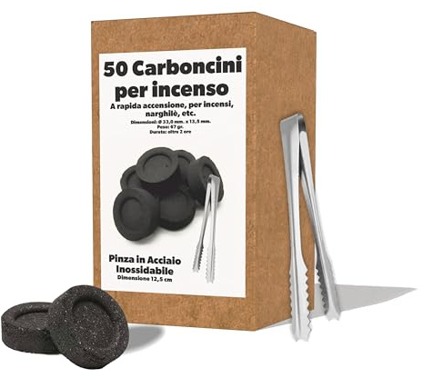 Carboncini per Incenso 100% Naturali. Accensione rapida e duratura, 100/120 minuti, diametro di 33mm per Casa, Rituali Religiosi e Centri benessere confezioni da 50 e 100 (50 + Pinza)