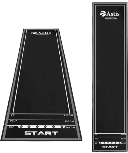 Astis Tappetino per freccette, con indicazione punteggio + linea di lancio, distanza 257 cm x 60 cm, fondo antiscivolo in gomma per protezione pavimento e punta delle freccette