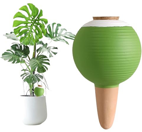 NIUKOMY Irrigazione Automatica Argilla Grande 450 ML, Dispenser Acqua Piante Terracotta, Sfere da Irrigazione Cono Argilla con Tappo Sughero per Vacanze, Famiglia, Ufficio, Verde