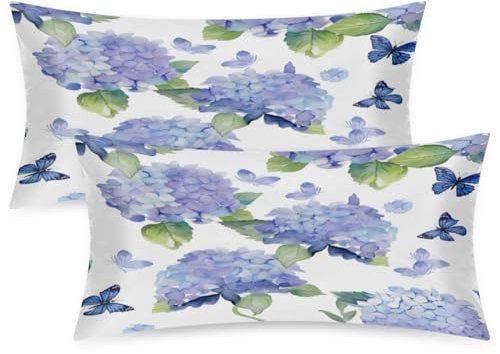 Mexpekil Purple Blue Hydrangea Butterfly 2 Pack Satin Pillowcase for Hair and Skin, Smooth Like Silk Pillowcases, Pillow Case Covers King Size 20x40 in for Bedroom
