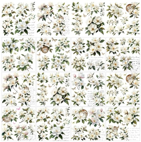 GOMAKERER 12 fogli Trasferimento A Strofinamento, 12 Pellicola Termoadesiva Impermeabile In Stile Magnolia Bianca per Decorazioni Artistiche, Artigianato e Mobili