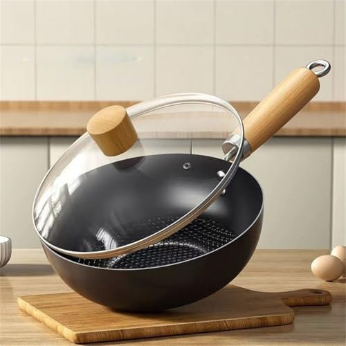 GLOBALHUT Versatile Iron Wok Frying Pan With Glass Lid, 3-in-1 Sauté Pan, Skillet & Mini Wok, Non-Stick Cookware For Stir-Frying Deep-Frying Braising(20CM)