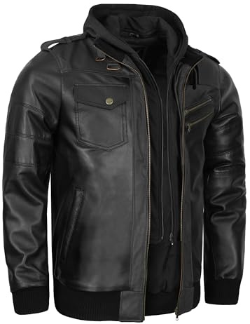 Leatherick Chaqueta Premium de Piel de Cordero para Hombre – Capucha Extraíble de Polar con 7 Bolsillos Funcionales y Cierre Frontal con Cremallera (FR/ES, Letras, L, Regular, Regular, Negro)