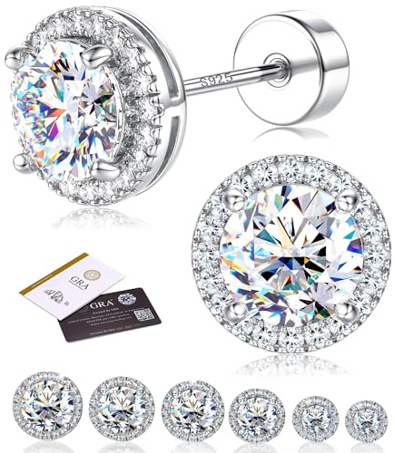ADRAMATA Moissanit Ohrringe Damen Herren – 925 Sterling Silber Hypoallergene Ohrstecker, D Farbe VVS1 Brillant Rundschliff Simulierter Diamant Ohrringe, 14K Weißgold Vergoldet Schmuck Geschenk, 3-7MM