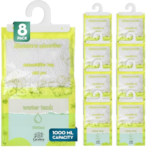 Bolsas antihumedad armarios carSIbre – Pack 8 de alta capacidad (3,2 kg en total) – 400 g por bolsa con depósito XL 1 L – Deshumidificador colgante para ropa y armarios, sin fragancia