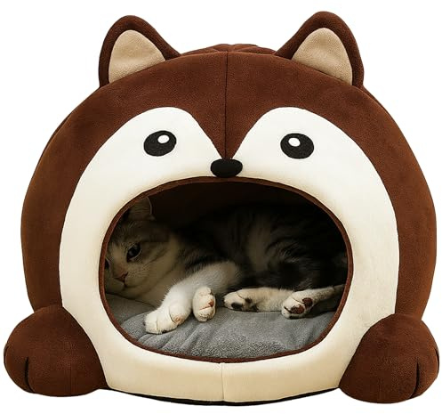 TATZIO Designer Katzenhöhle braun – Lustige Schlafhöhle & Katzenhaus mit Kissen, Katzenbett, Faltbarer Rückzugsort für Katzen, Kitten und Kater, kuschelig & formstabil