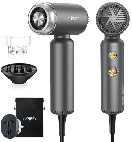 SUPGALIY Dual Voltage Hair Dryer, High-Speed Ionic Blow Dryer for Fast Drying, Travel Compact Hair Blow Dryer with Magnetic Curly Diffuser for Home, Portable Hairdryer International 100-240V