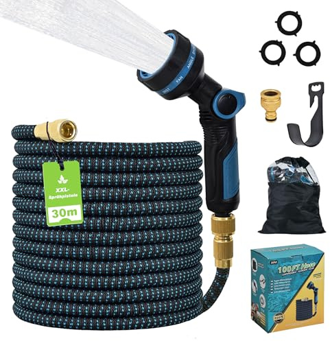 Expandable Garden Hose 30M/100FT, Flexible Water Hose with 10-Function Spray Nozzle, 3/4 Solid Brass Connectors, Lightweight & Kink-Free, for Car Washing & Plant Watering (Blue/Black)