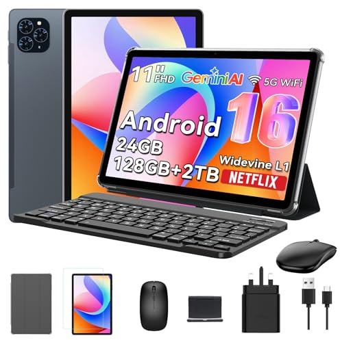 Android 16 Tablet 11 Inch with Keyboard [2026 UK Premier Edition] – 24GB RAM 128GB+2TB(TF)| Octa-Core | 8000mAh | 13MP Camera | 5G WiFi 2-in-1 Laptop Tablet with 4-Year Warranty, Mouse, Stylus & Case