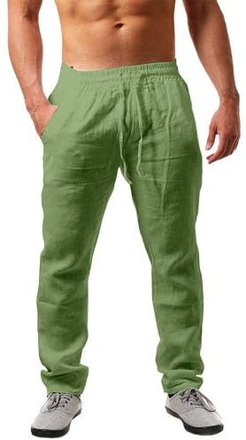 NEMXCE Pantaloni lunghi da uomo in lino, leggeri, estivi, da uomo, larghi, con tasche, con coulisse, per vacanze, spiaggia, yoga, tutti i giorni, verde, XL