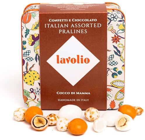 Lavolio Cocco di Mamma 150 g – Caja de regalo con bombones de chocolate italianos de coco, almendra y avellana – Chocolate blanco y chocolate negro – Presentada en una caja metálica decorativa