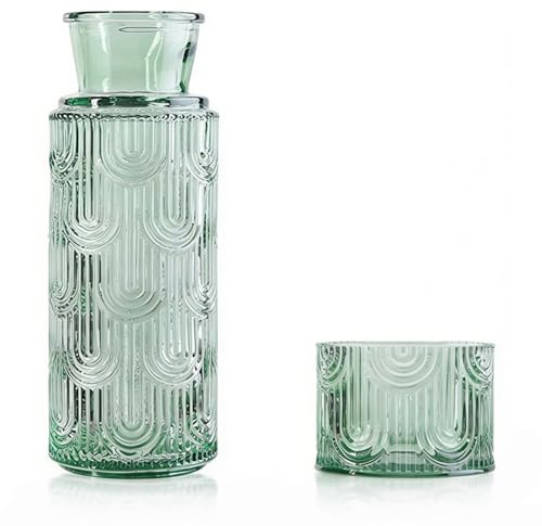 Glaskaraff med lock av borosilikatglas set, 630 ml inklusive dricksglas, elegant karaff för vatten, juice eller te i sovrummet, kontoret eller gästrummet (grön)