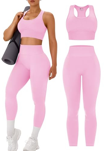 OLCHEE Womens Workout Sets 2 Piece - Acid Wash Seamless Yoga Outfits High Waist Leggings Padded Racerback Sports Bra Gym Set - Solid Light Pink Medium