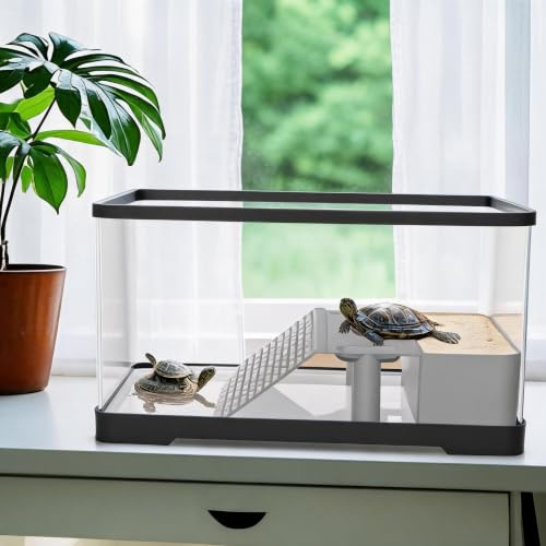 Turtle Tank Kit 40x22x23cm Acrylic Aquarium with Basking Platform & LED Light, Complete Small Turtle Habitat with Plants and Substrate for Desktop
