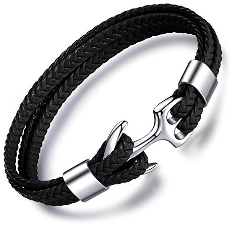 MicLee Handgjorda ankare armband för män, mode, män, äkta läderarmband med rostfritt stål, graverat i presentask, 22.5 centimeters, Läder