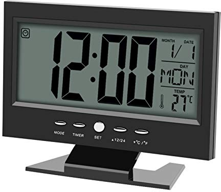 Bordsklocka med digital LCD-stativ ljudkontroll väckarklocka med stor skärm/kalender/vecka/temperatur display Snooze skrivbord 11,8 x 15,4 cm (svart)