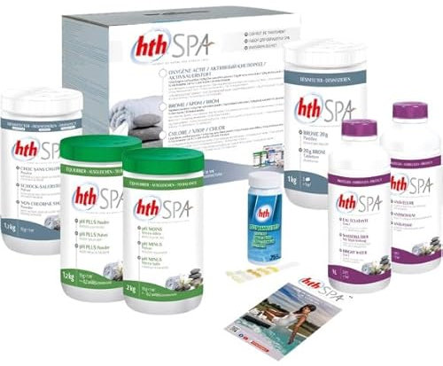 HTH Spa Coffret DE Traitement AU Brome - 7,4kg | Kit Traitement pour Un Entretien Complet - Désinfection Régulière et Choc sans Chlore + 10 Tests HPS OFFERTS 6 en 1
