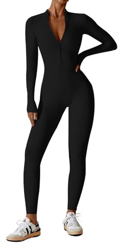 Ecupper Jumpsuits Damen Yoga Bodycon Einteiler Zip Up Overall Rompers Langärmelig Workout Outfit Schwarz XL
