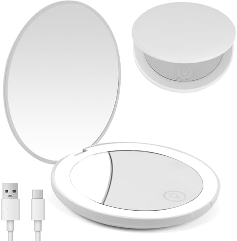 OSDUE Tragbarer LED Taschenspiegel, Mini LED Taschenspiegel mit 1×/10× Vergrößerung, Zweiseitiger Schminkspiegel, Handspiegel Doppelseitig mit Licht, Reise Kosmetikspiegel, Geschenke für Mädchen,White