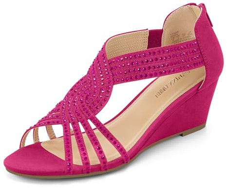 PIZZ ANNU Sandalias Mujer Verano con Tacón de Cuña Diamante de Imitación Zapatos Moda Punta Abierta Elegante Boda Fiesta Damas Zapatos Fucsia EU 39