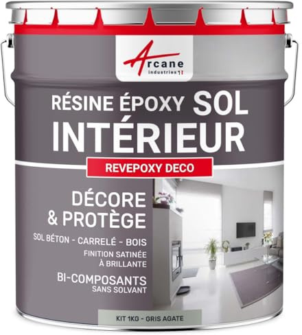 ARCANE INDUSTRIES Peinture Sol, résine epoxy, Peinture pour Sol,Salon, Cuisine, Salle de Bains - Effet Miroir : Revepoxy Deco - 1 kg (jusqu'à 5 m² en 2 Couches) Gris Agate - RAL 7038