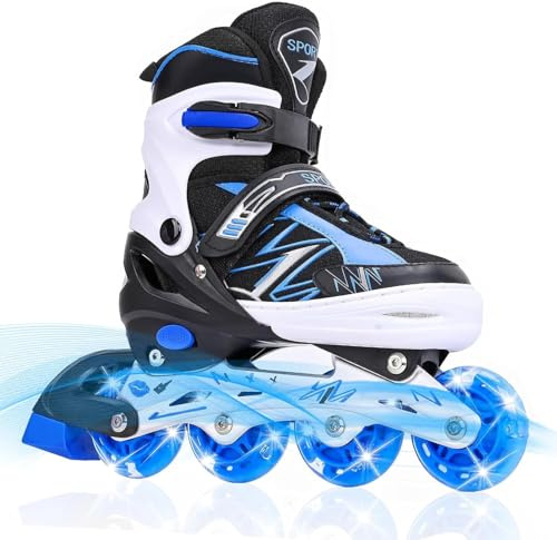 DUZSKJ Patines en línea Ajustables para niños y niñas con Ruedas de iluminación, Patines Ajustables para niños, para Principiantes, niños, Juegos al Aire Libre en Interiores (Negro & Azul, S)