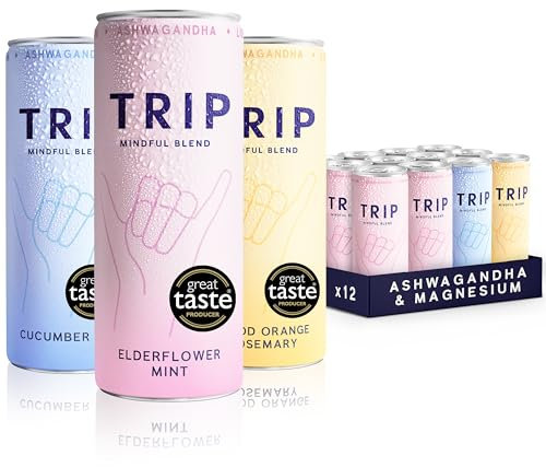 TRIP Mindful Blends - Mixed Pack Sparkling Drink with 120MG Magnesium + Lion’s Mane + Chamomile + Lemon Balm. Low Calorie and Vegan (Pack of 12 x 250ml), quantity of and number of flavors may vary