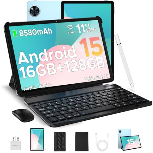 DOOGEE U11 Android 15 Tablet with Keyboard, 16GB RAM 128GB ROM(TF 2TB), 8580mAh Battery, Octa-Core Android Tablets 11 Inch, Widevine L1, 3.5mm Jack, 5G WiFi Tablet with Pen, Mouse & Case - Blue
