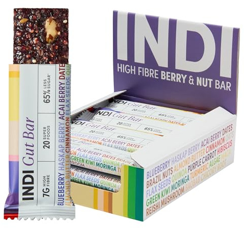 INDI High Fibre Gut Health Bars — Made of 20 Superfoods, Vegan & Gluten Free — Plant Based with Nuts, Seeds & Fruit With No Added Sugar & Natural Energy — 12 Pack, Made in UK