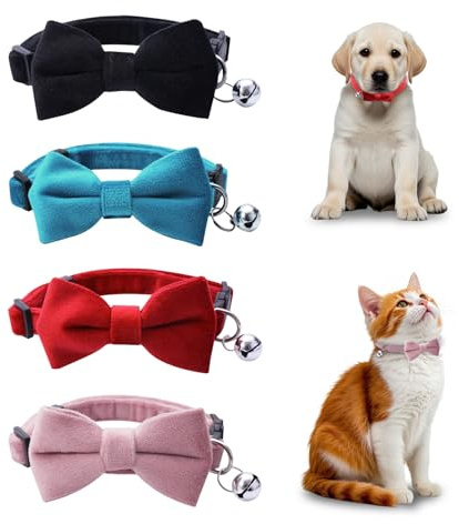 TUONYIS 4 collari in velluto per gattini, collare in velluto gatto con papillon a campana, regolabili, staccabili, con fiocco, con campanello, per feste di animali domestici