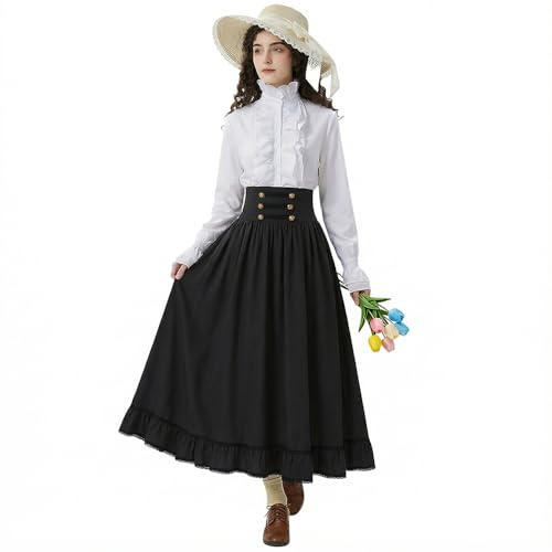 Vestido Medieval Elegante con Mangas de Volantes - Traje Femenino de Estilo Francés (Blusa + Falda Vintage de Talle Alto) - Conjunto Business Casual para Oficina