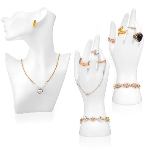 AojSup 3 Pcs Jewelry Mannequin Display Set - White PVC Bust Holder with 2 Hand Displays for Necklace, Earring, Bracelet & Ring Showcase - Elegant Jewelry Display Mannequins for Boutique & Photography