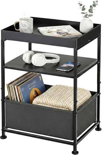 ZEXVIDA Black Side Table with Fabric Bin for Living Room,Small End Table with Tray Top,3 Tier Narrow Bedside Table Nightstand for Bedroom,Gaming Setup,Dorm Essentials, Modern Matte Black Wood Look