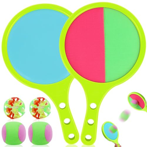 Cattura Racchette Palline Set Racchettoni Giochi Spiaggia Toss e Cattura Gioco Della Palla Racchette con Pallina Che Si Attacca Bambini Catch Ball e Toss Game con 2 Pagaie e 4 (Verde, verde)