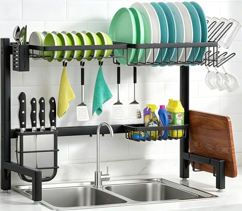 FREEAMG Over The Sink Drainer Rack with Fruit Basket, Expandable Over Sink Dish rack Adjustable Length(65~85cm), Rust-Proof Draining Board Rack, 2 Tier Over The Sink Dish shelf with Metal Hooks(Black)