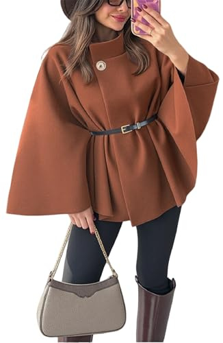 Manteau Poncho À Manches Chauve-Souris for Femme, Veste Cape en Laine avec Ceinture, Pardessus Court d'hiver, Manteau Cape À Col Montant(Brown,S)
