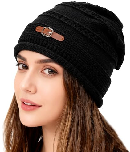 FOSDICK Slouchy Beanie Hat, Beanie Hat Mujeres, Winter Warm Gorro Mujer Invierno con Forro Suave y Cálido Punto Cable Holgado Skull Cap para Montar Bicicleta Actividades Exteriores