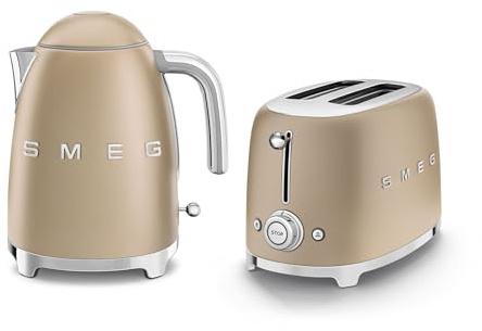 Smeg 50’s Style Breakfast Set, 1.7L Jug Kettle with Soft Opening and 2 Slice Toaster with Removable Crumb Tray, Matte Champagne Gold, KLF03CHMUK & TSF01CHMUK