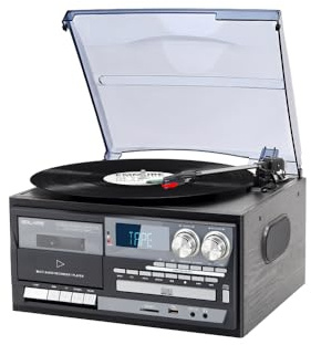 Tocadiscos de vinilo Bluetooth 5.0, 10 W, multifunción, 10 W, RMS, CD, casete, FM, grabación USB/SD, color negro