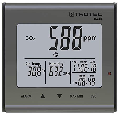 TROTEC CO2 Messgerät BZ25 – Luftqualitätsmonitor – Messbereich 0 bis 9.999 PPM, Abweichungen +-75ppm + 5%, Lufttemperatur